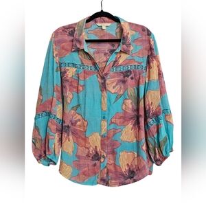 Hope & Harlow Colorful Floral Women's Fall Down Butron Up Crochet Blouse Sz 3XL
